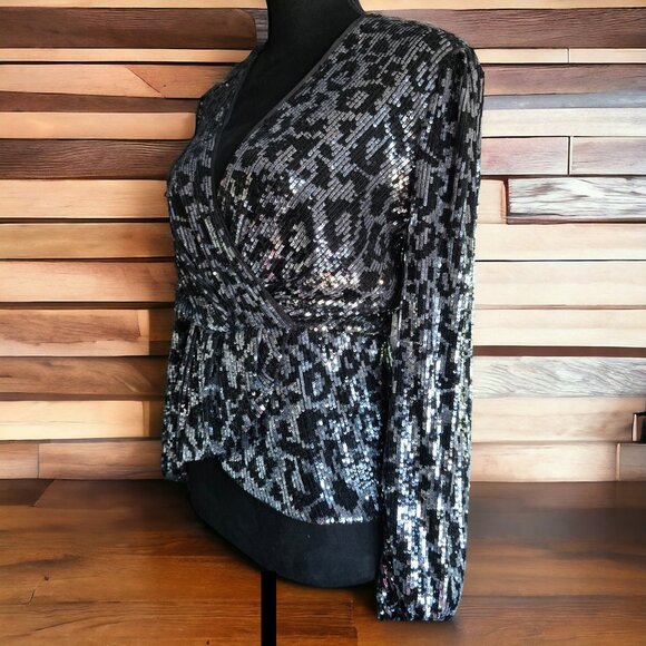 NWT SAYLOR ( SM ) Indya Blk/Silver Metallic Leopard Print Sequin Wrap Si… - Picture 7 of 11